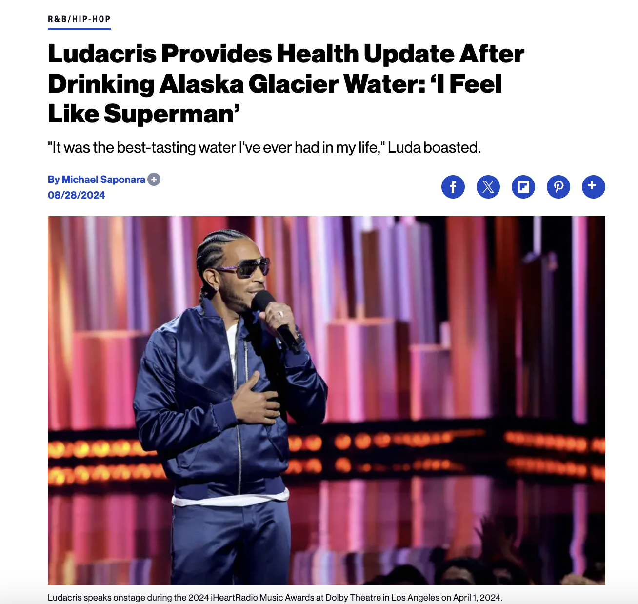 public speaking - R&BHipHop Ludacris Provides Health Update After Drinking Alaska Glacier Water 'I Feel Superman' "It was the besttasting water I've ever had in my life," Luda boasted. By Michael Saponara 08282024 Ludacris speaks onstage during the 2024 H